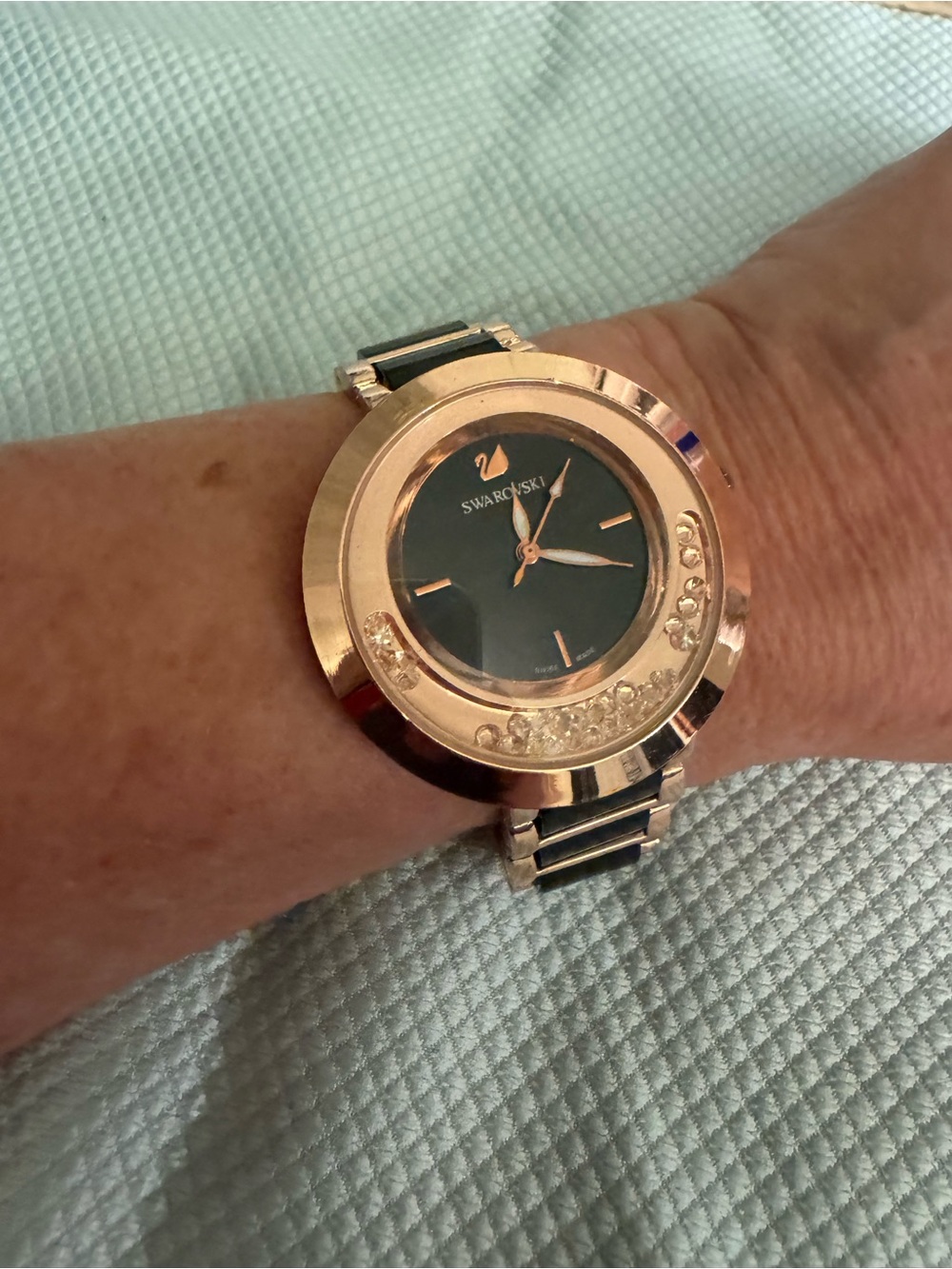 Swarovski Rose Gold Bracelet Watch with Black Dial and Floating Crystals